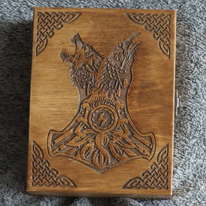 Viking - Wolf/Raven/Thor&#39;s - themed wooden jevelery box/casket - book-shaped - brown