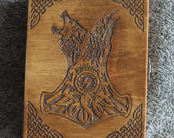 Viking - Wolf/Raven/Thor's - themed wooden jevelery box/casket - book-shaped - brown