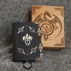 Celtic Dragon themed Handmade leather black paper notebook in wooden box