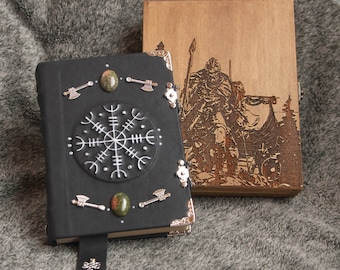 Viking Helm of Ave themed handmade leather notebook in wooden box