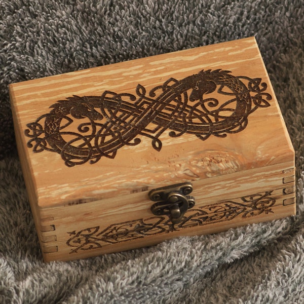 Celtic Dragons/Infinity sign themed alder wood jevelery box/casket