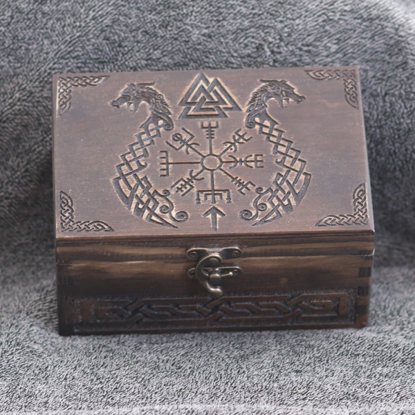 Boussole runique Vikings - thème vegvisir et dragons - - coffret/coffret à bijoux en bois