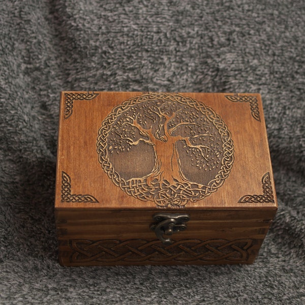Boîte/coffret à bijoux sur le thème de l'arbre de vie celtique à compartiment secret avec section cachée