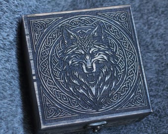 Celtic Wolf themed square wooden jevelery box/casket - hidden compartment possible