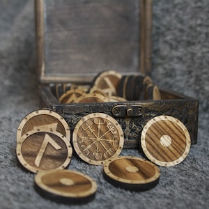 Ash wood Elder futhark runes set on Shield - for divination - Wooden runes set in box+gift