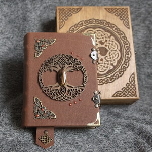 Celtic Tree of Life themed handmade leather craft paper notebook  in wooden box