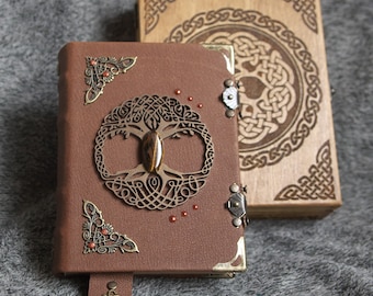Celtic Tree of Life themed handmade leather craft paper notebook  in wooden box