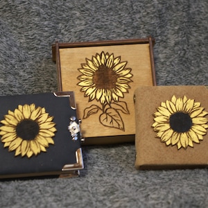 Sunflower themed handmade leather notebook in wooden box