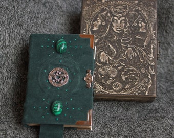 Triple moon\Hecate\ wicca\Pagan Handmade suede craft paper notebook  in wooden box