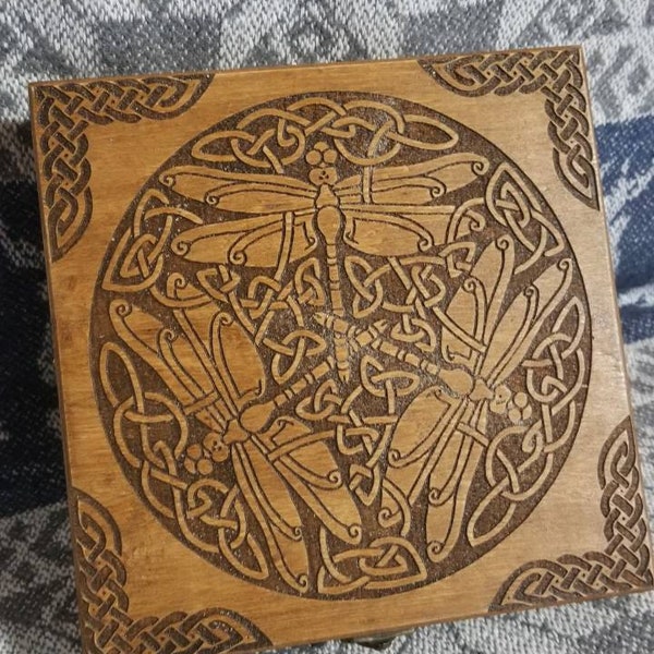 Celtic Dragonfly themed wooden jevelery box/casket square-slim