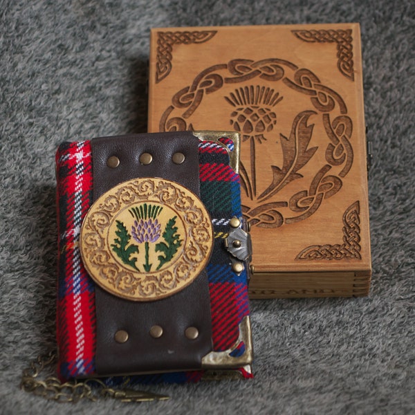 Thistle of Scotland series Handmade woolen plaid white paper notebook  in wooden box