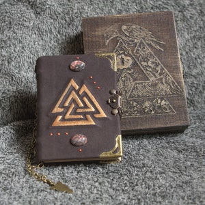 Viking Valknut themed handmade leather notebook in wooden box