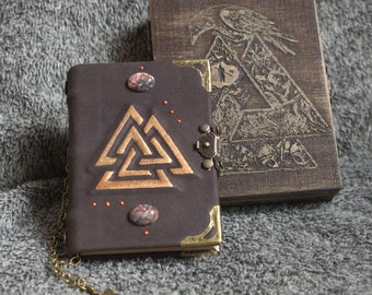 Viking Valknut themed handmade leather notebook in wooden box