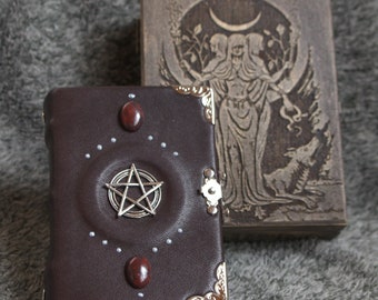 Triple moon\Hecate\ wicca\Pagan Handmade leather craft paper notebook  in wooden box