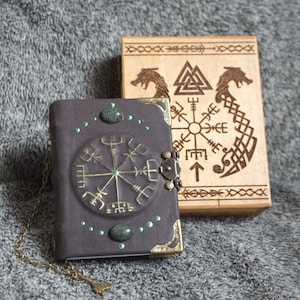 Viking themed Vegvisir - Runic Compass series handmade leather notebook in wooden box