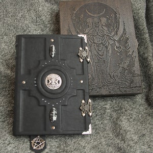 Black grimoire Handmade craft paper leather notebook in wooden box
