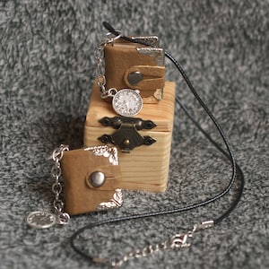 One inch tiny handmade leather notebook pendant in wooden box