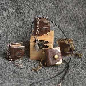 One inch tiny handmade leather notebook pendant in wooden box