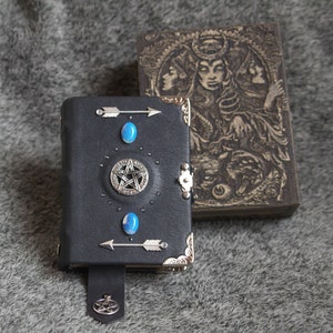 Triple moon\Hecate\ wicca\Pagan Handmade leather craft paper notebook  in wooden box