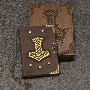Viking Mjolnir themed handmade leather 150 craft paper pages notebook in wooden box
