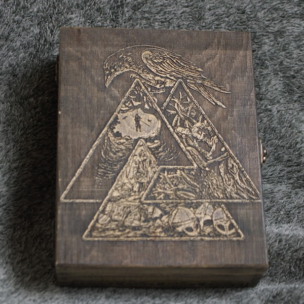 Raven on Valknut themed wooden jevelery box/casket - book-shaped - Black