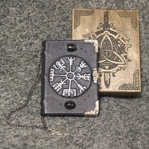 Viking themed Vegvisir - Runic Compass series handmade leather notebook in wooden box