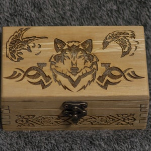 Celtic Wolf and Ravens themed alder wood jevelery box/casket