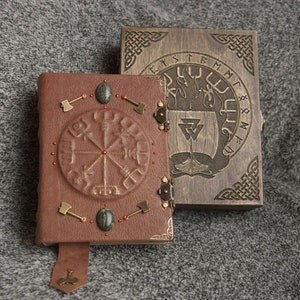 Viking Vegvisir themed handmade leather notebook in wooden box