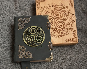 Celtic Triskel series Handmade leather craft paper notebook in wooden box