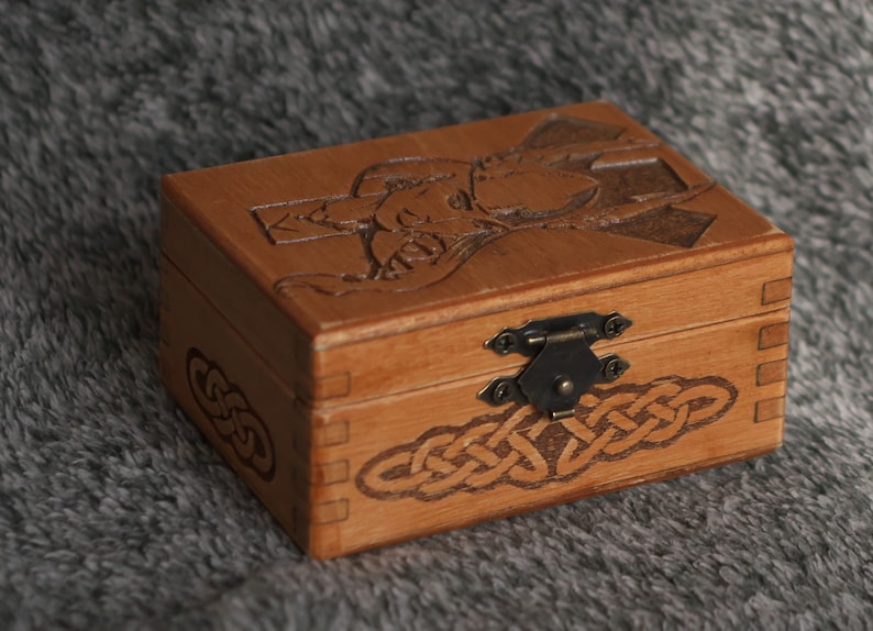 Protection Valkyrie themed mini wooden jevelery boxcasket Algiz rune