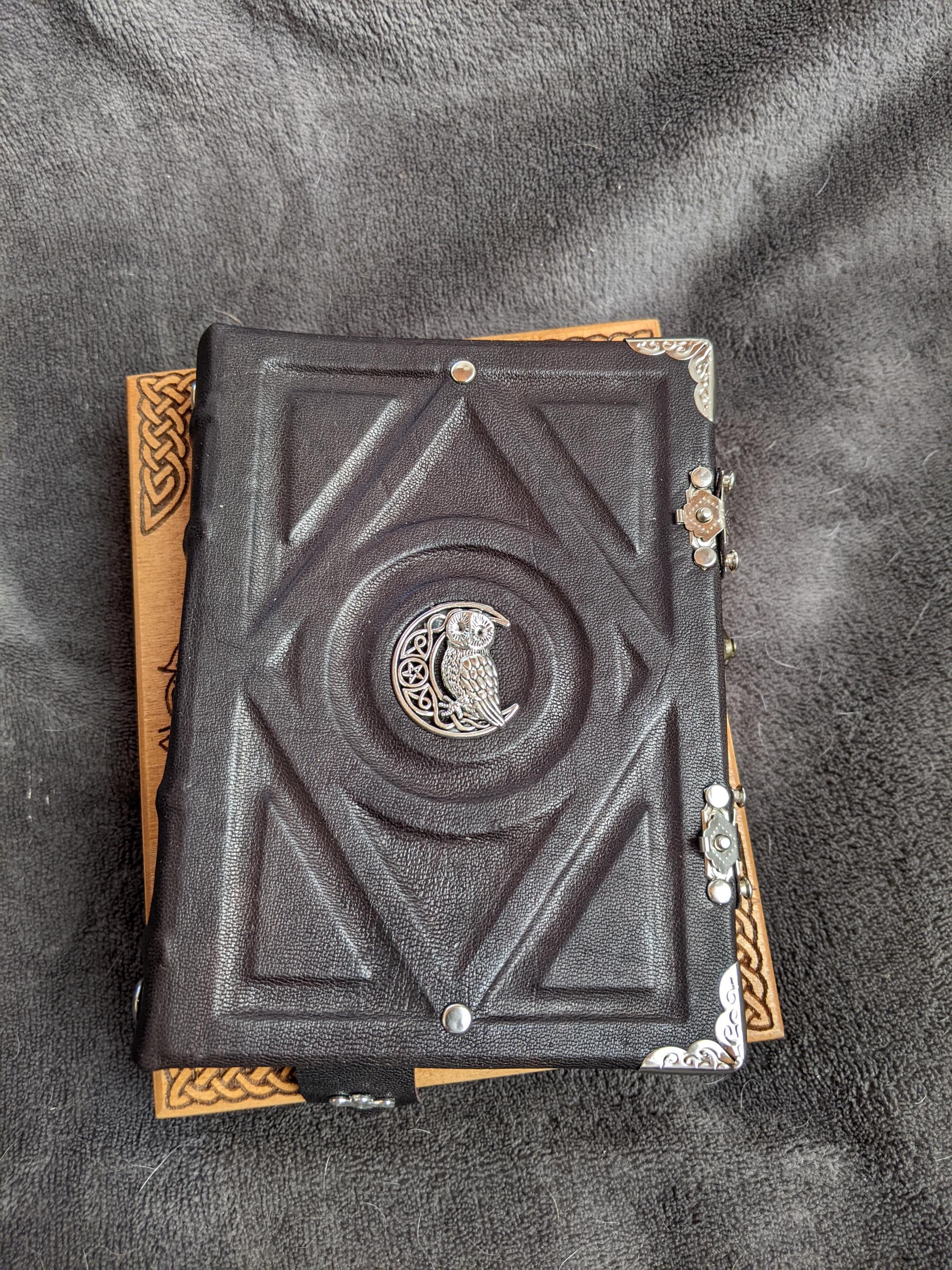 Celtic Owl Tree of Life themed handmade suede craft paper notebook  in wooden box