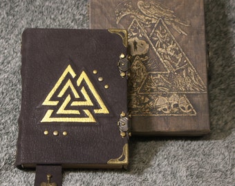 Viking Valknut themed handmade craft paper leather notebook in wooden box