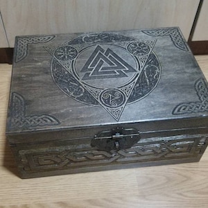 Valknut themed Gigantic wooden chest/jevelery box/casket - 35×25×15cm, UPS shipping