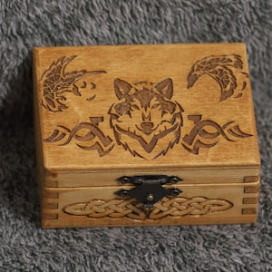 Celtic Wolf and Ravens themed mini wooden jevelery box/casket