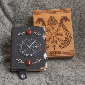 Viking Vegvisir themed handmade leather notebook in wooden box