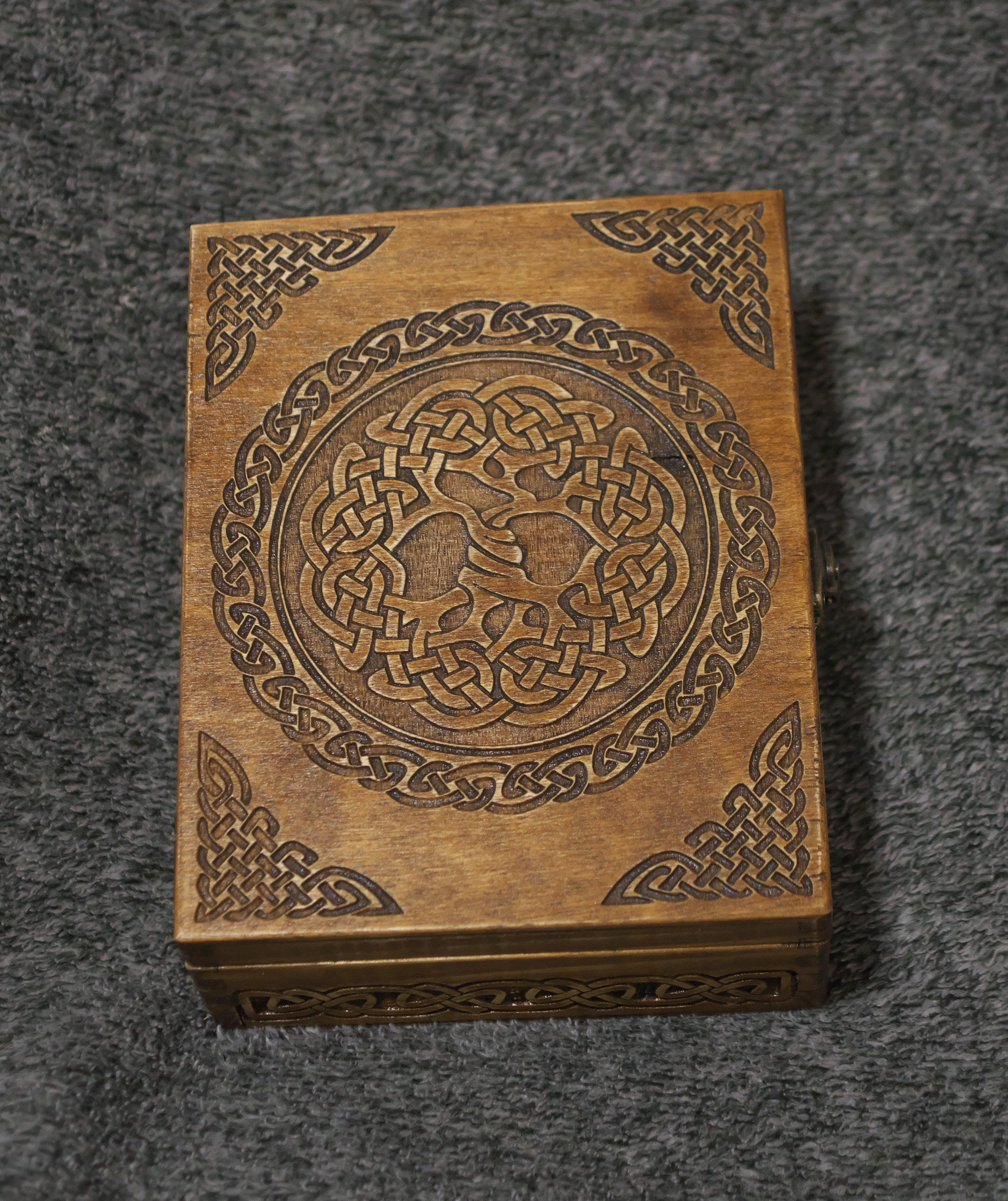 Hidden compartment Celtic tree themed wooden jevelery box/casket - book-shaped - Black