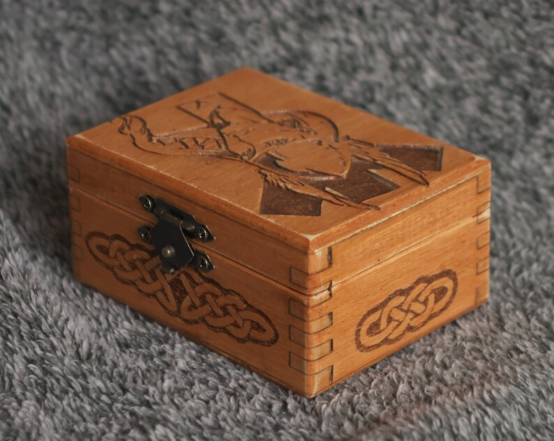 Protection Valkyrie themed mini wooden jevelery boxcasket Algiz rune