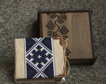 Handmade notebook in the style of Ukrainian folk embroidery made of natural linen in wooden box