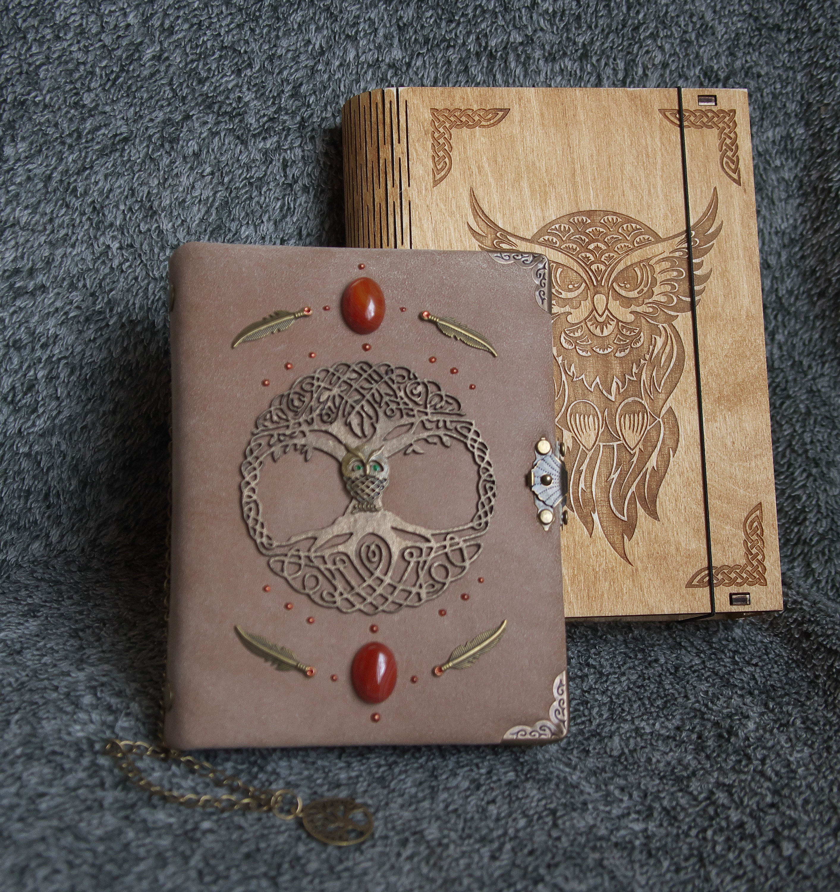 Owl themed Celtic Handmade leather craft paper notebook in wooden box