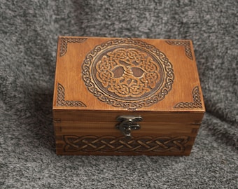 Caja/cofre de joyería con compartimento secreto, diseño del Árbol de la Vida celta, con sección oculta.