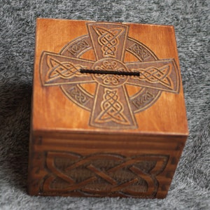 Celtic Cross themed square wooden Piggy bank