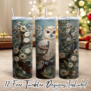 3D Embroidered Owl Flower Tumbler Sublimation Design Template, Tumbler Wraps for Children, Instant Download PNG, 20 oz Skinny Tumbler SVG