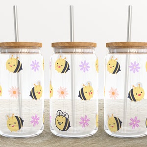 Bee Happy | 16 oz Libbey Glass Can Tumbler Sublimation Design - Coffee Beer Glass Wrap Template - Design Digital Download PNG