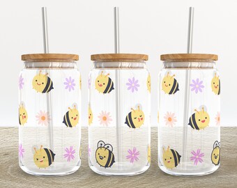 Bee Happy | 16 oz Libbey Glass Can Tumbler Sublimation Design - Coffee Beer Glass Wrap Template - Design Digital Download PNG