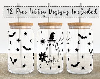 Ghost Flowers Halloween | 16 oz Libbey Glass Can Tumbler Sublimation Design - Coffee Beer Glass Wrap Template - Design Digital Download PNG