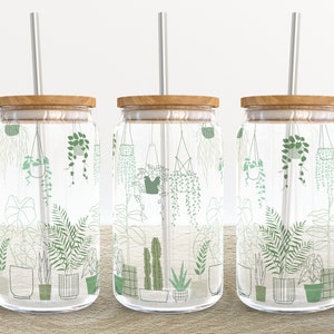 Botanical Hanging Plants | 16 oz Libbey Glass Can Tumbler Sublimation Design - Coffee Beer Glass Wrap Template - Design Digital Download PNG