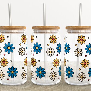 Vintage Retro Daisy | 16 oz Libbey Glass Can Tumbler Sublimation Design - Coffee Beer Glass Wrap Template - Design Digital Download PNG