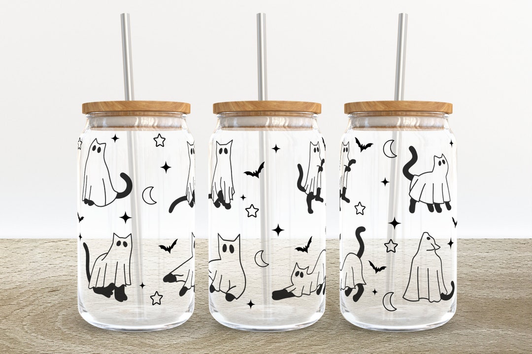 Ghost Cat Halloween Libbey Glass Can Wrap | 16 Oz Sublimation Design ...