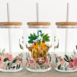 Highland Cow Floral | 16 oz Libbey Glass Can Tumbler Sublimation Design - Coffee Beer Glass Wrap Template - Design Digital Download PNG