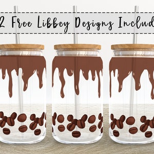 Dripping Coffee Bean | 16 oz Libbey Glass Can Tumbler Sublimation Design - Coffee Beer Glass Wrap Template - Design Digital Download PNG